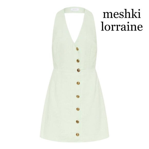 NWT: MESHKI Lorraine - Linen Halter Mini Dress - Mint - Picture 1 of 3